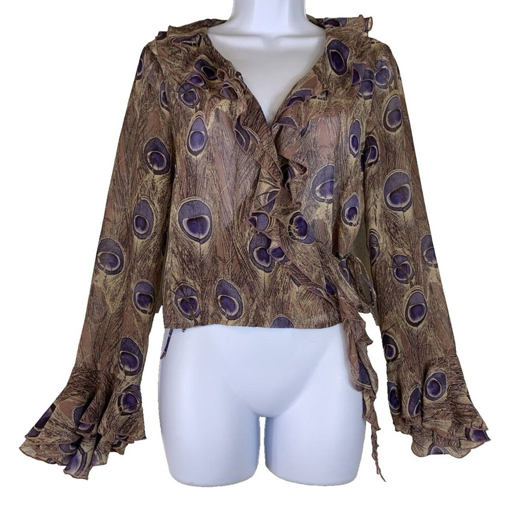 MNG Women's Size M Wrap Tie Front Sheer Floral Blouse Bell Sleeves Fairy Whimsy